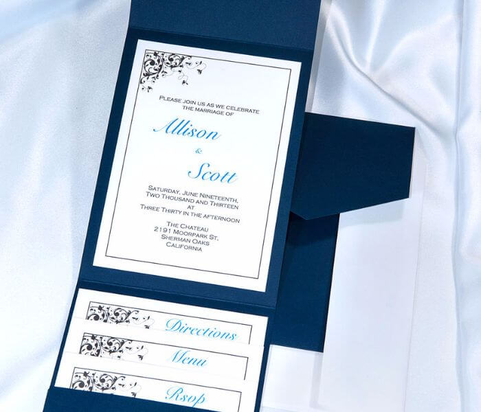 Pocketfold wedding invitations in navy blue